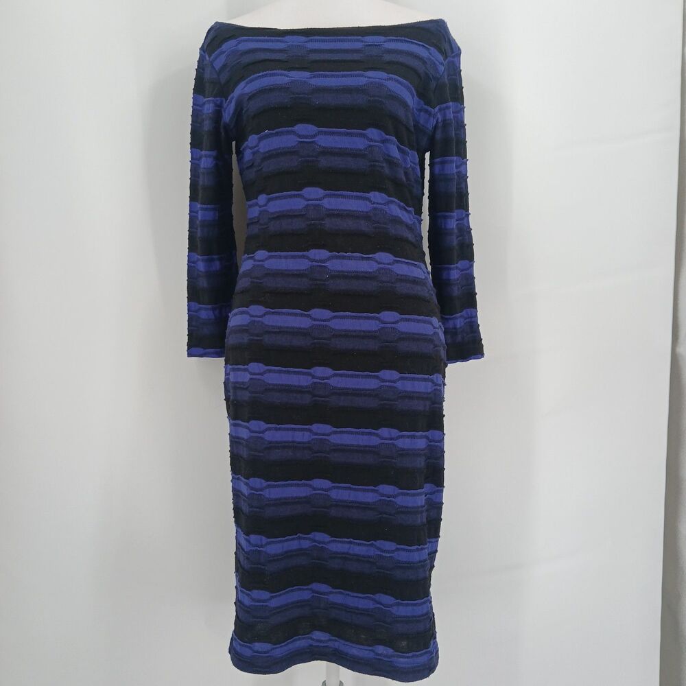 Sharagano Womens Size 8 Striped Bodycon Midi Dress Navy Blue Black Knit L/S